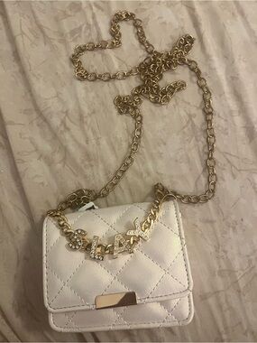 Cream Quilted Mini Crossbody with Gold Chain and Letter Charms